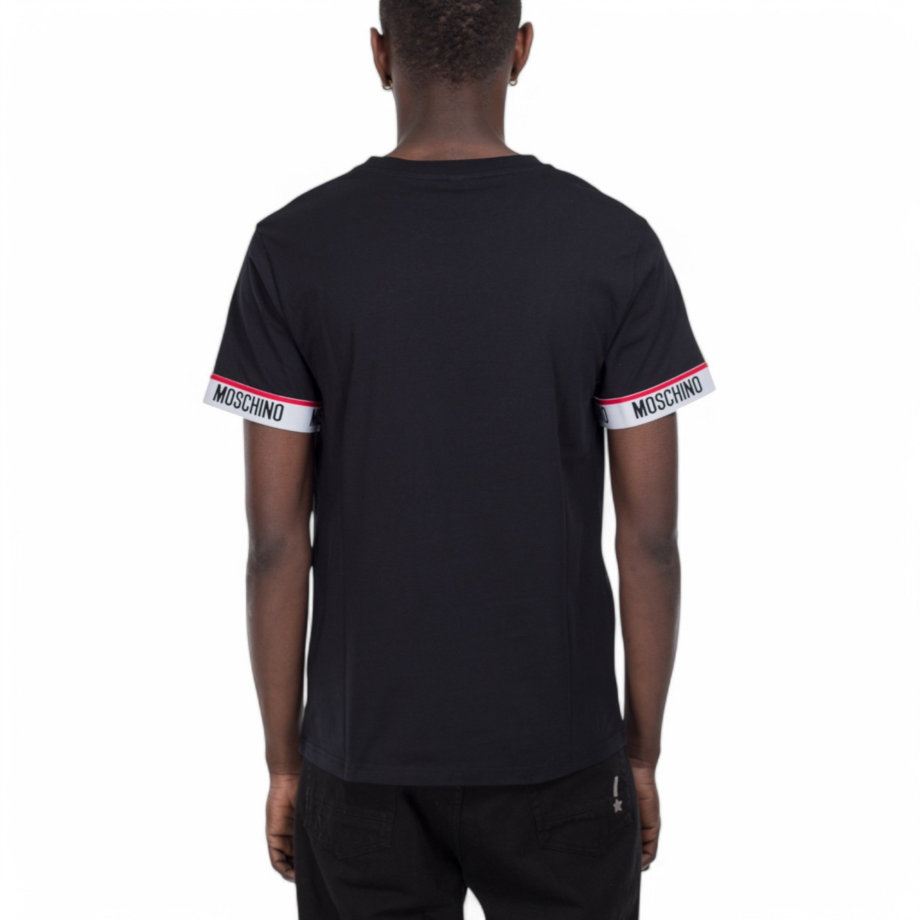 Moschino tshirt nera stripes logate
