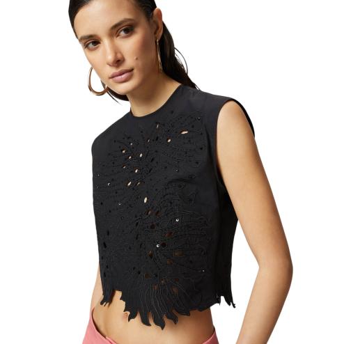 Pinko top nero con ricamo sangallo
