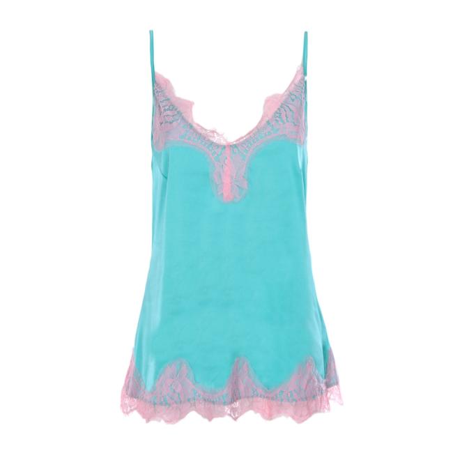 NoSecrets top raso verde con pizzo rosa