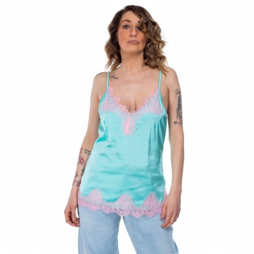 NoSecrets top raso verde con pizzo rosa