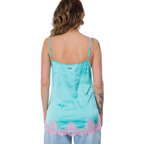 NoSecrets top raso verde con pizzo rosa