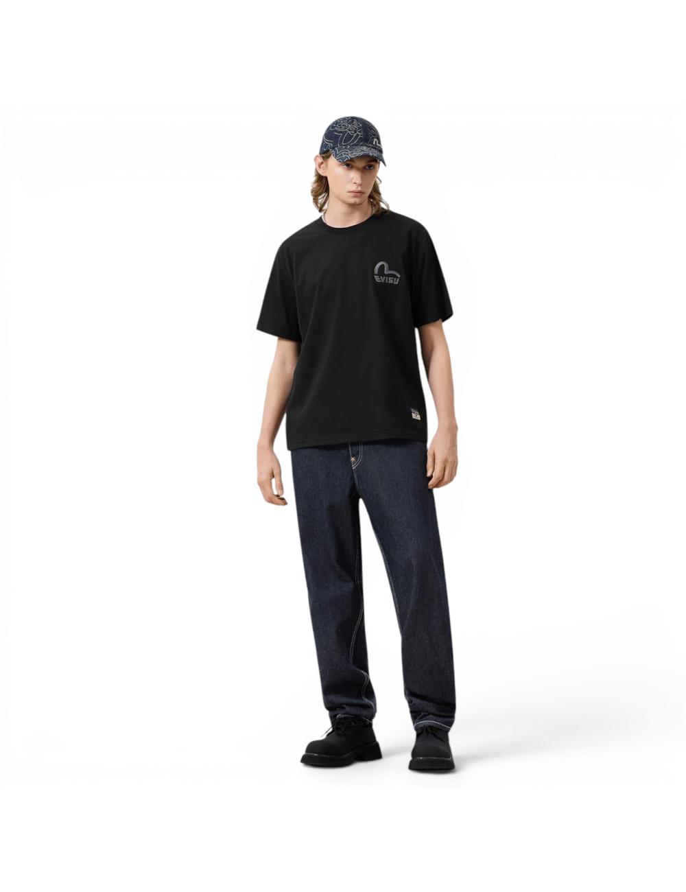 Evisu T-shirt nera logo cucito