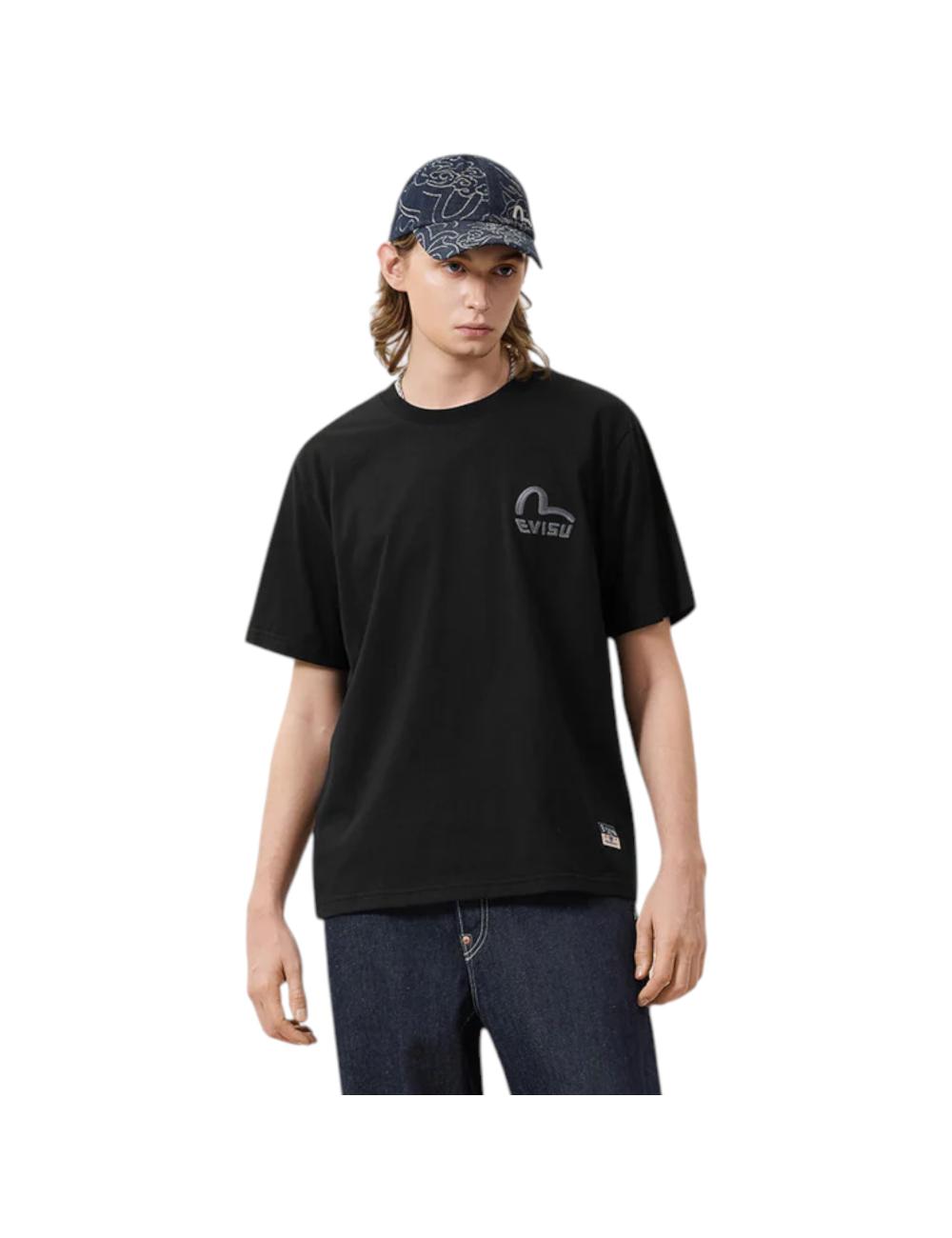 Evisu T-shirt nera logo cucito