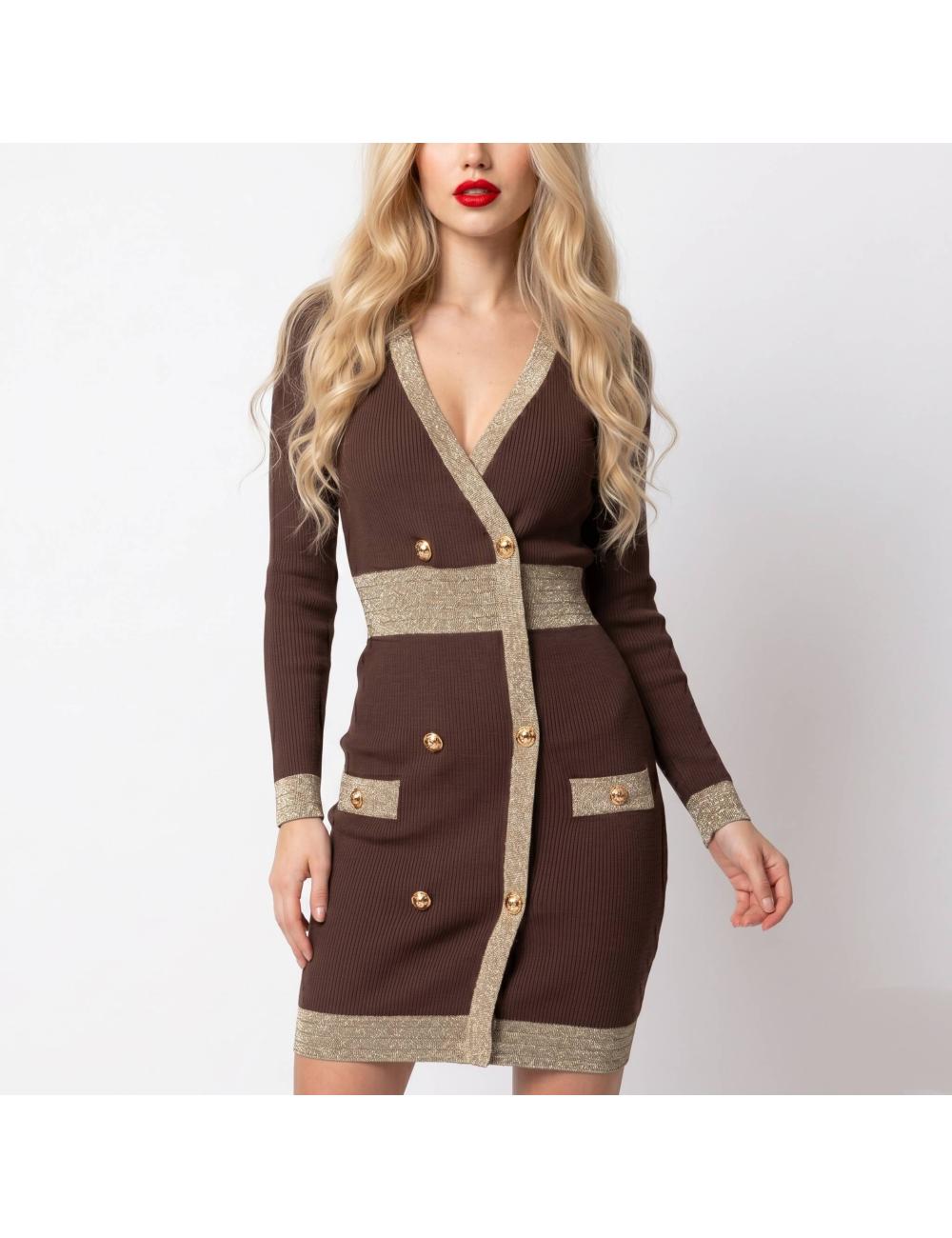 NoSecrets brown sheath dress with gold buttons