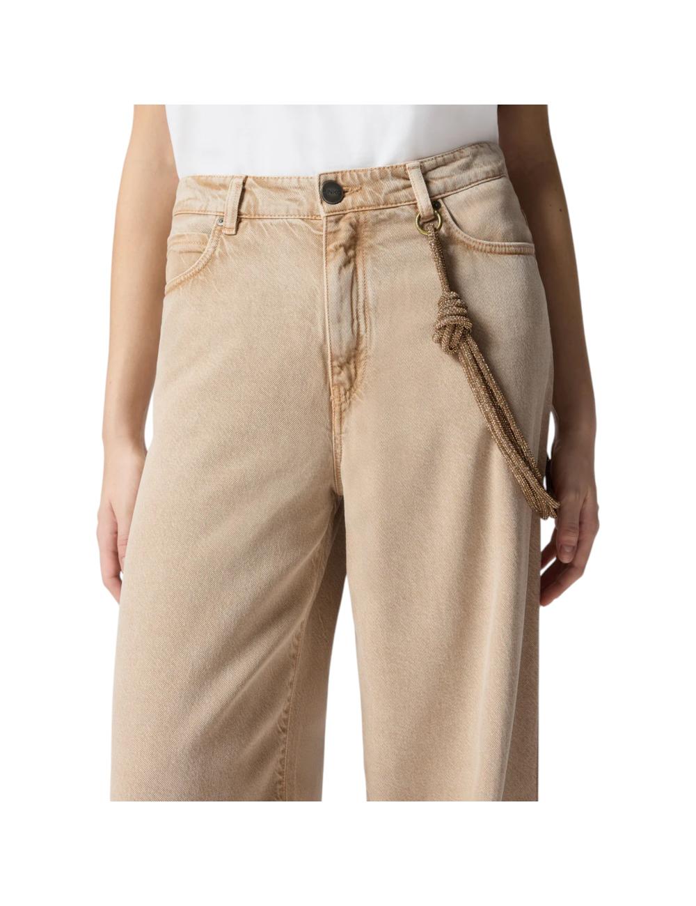 Pinko wide beige jeans with jewel chain