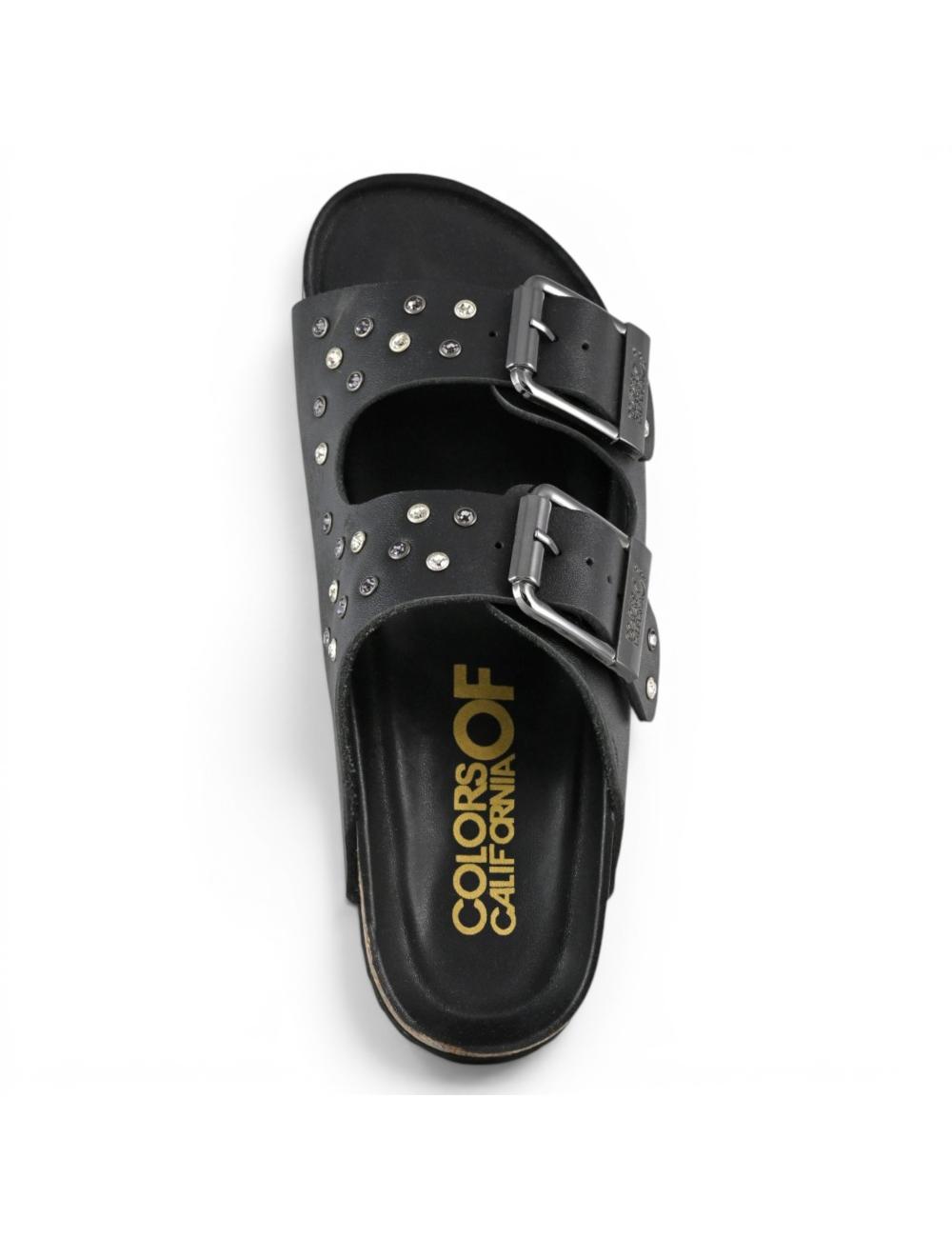 Colors of California Black Leather and Rhinestone Sandals