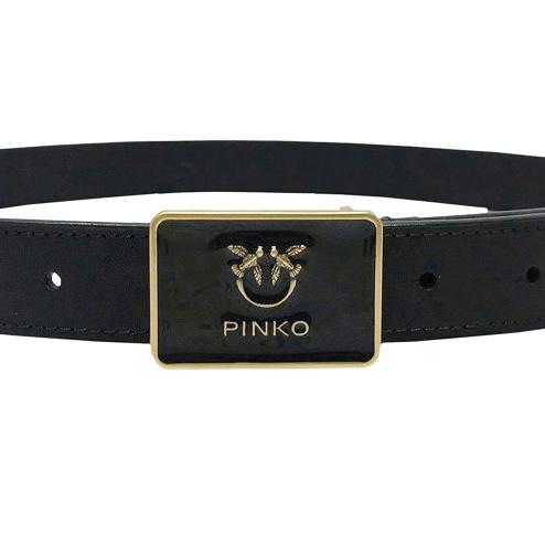 Pinko cintura sottile donna in pelle nera e logo rettangolare